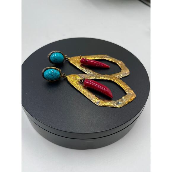 Sylvia Toledano Coral and Turquoise Corail Drop Bold 22k GP Drop Clip Earrings - Picture 7 of 11
